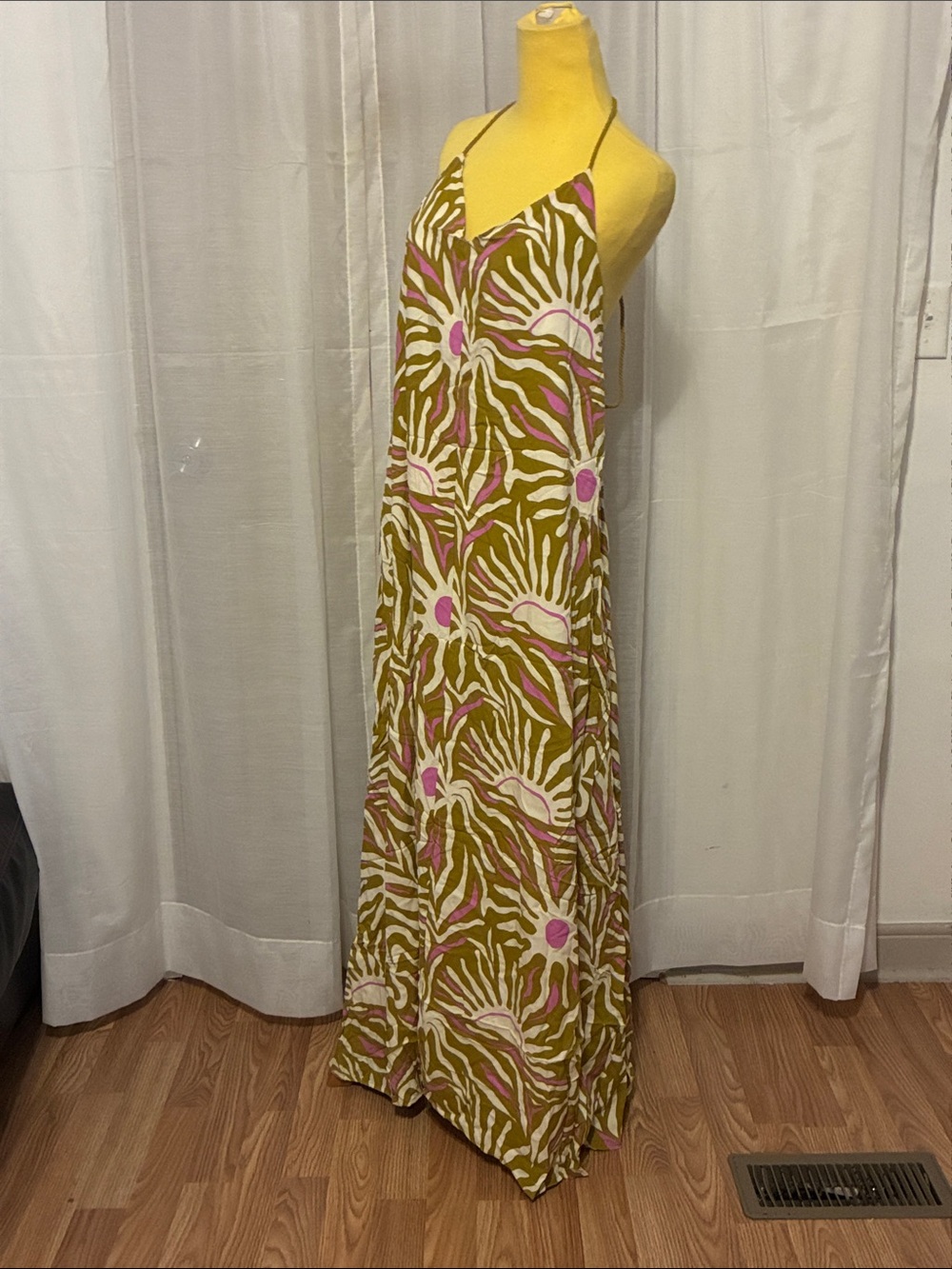 Fusionista Sleeveless Halter Maxi Dress in Olive Green and Pink  Print Size 1XL